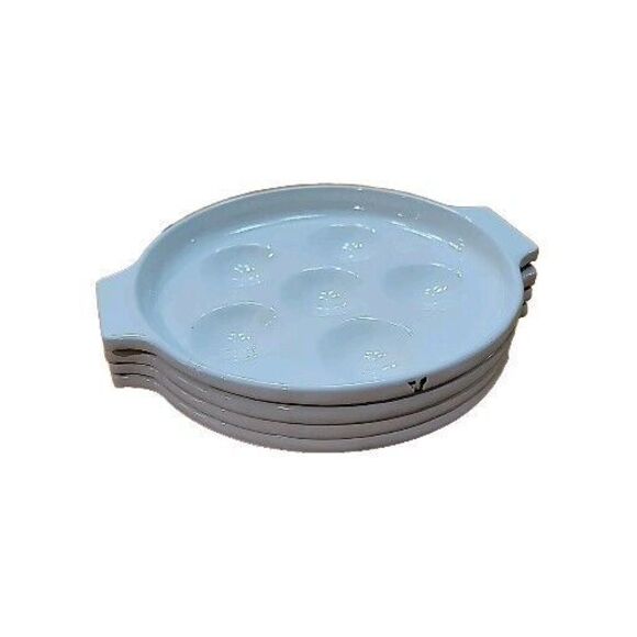 4 Escargot White Enamel Metal Plates Baking Dishes & Server Escargot/Mushroom - Picture 3 of 12